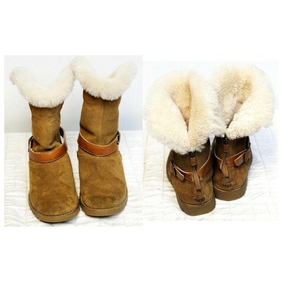 UGG Nessa Chestnut Shearling Boots Women's Sz 4 Suede Sherpa Lined Zipper Back - Picture 7 of 11